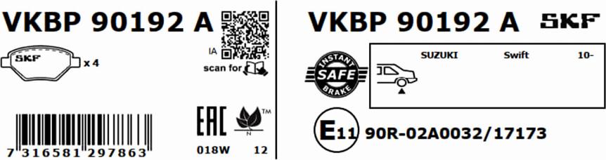 SKF VKBP 90192 A - Гальмівні колодки, дискові гальма autozip.com.ua