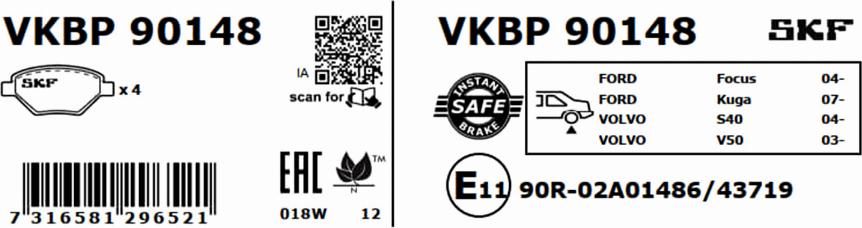 SKF VKBP 90148 - Гальмівні колодки, дискові гальма autozip.com.ua