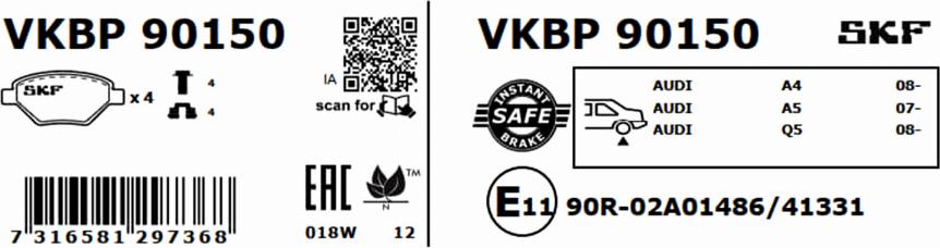 SKF VKBP 90150 - Гальмівні колодки, дискові гальма autozip.com.ua