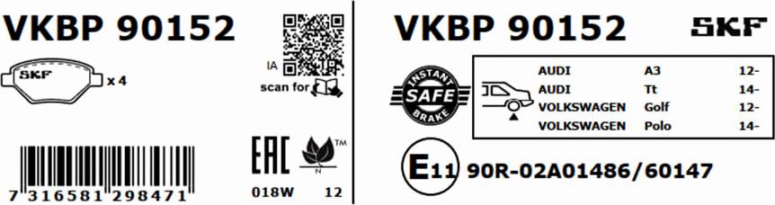 SKF VKBP 90152 - Гальмівні колодки, дискові гальма autozip.com.ua