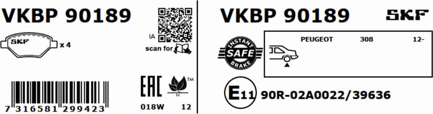 SKF VKBP 90189 - Гальмівні колодки, дискові гальма autozip.com.ua