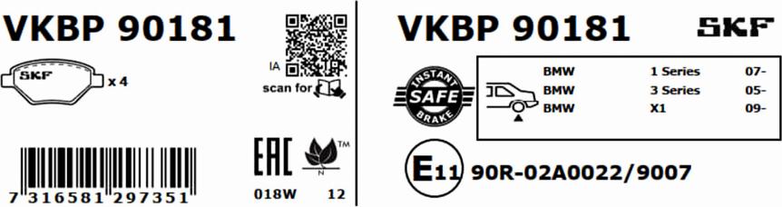 SKF VKBP 90181 - Гальмівні колодки, дискові гальма autozip.com.ua