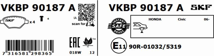 SKF VKBP 90187 A - Гальмівні колодки, дискові гальма autozip.com.ua