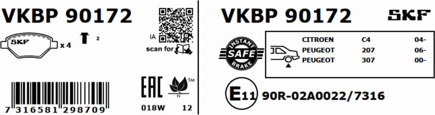 SKF VKBP 90172 - Гальмівні колодки, дискові гальма autozip.com.ua