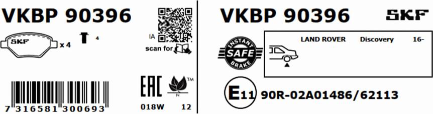 SKF VKBP 90396 - Гальмівні колодки, дискові гальма autozip.com.ua