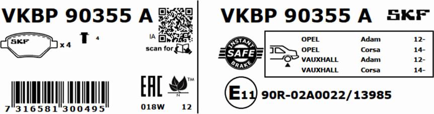 SKF VKBP 90355 A - Гальмівні колодки, дискові гальма autozip.com.ua