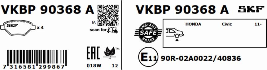 SKF VKBP 90368 A - Гальмівні колодки, дискові гальма autozip.com.ua