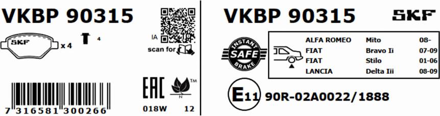 SKF VKBP 90315 - Гальмівні колодки, дискові гальма autozip.com.ua