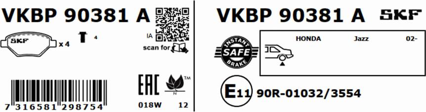 SKF VKBP 90381 A - Гальмівні колодки, дискові гальма autozip.com.ua