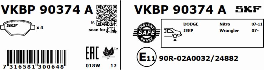 SKF VKBP 90374 A - Гальмівні колодки, дискові гальма autozip.com.ua