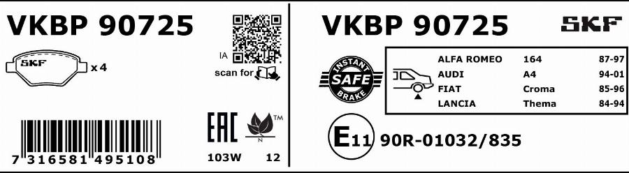 SKF VKBP 90725 - Гальмівні колодки, дискові гальма autozip.com.ua