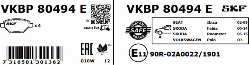 SKF VKBP 80494 E - Гальмівні колодки, дискові гальма autozip.com.ua