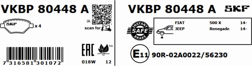 SKF VKBP 80448 A - Гальмівні колодки, дискові гальма autozip.com.ua