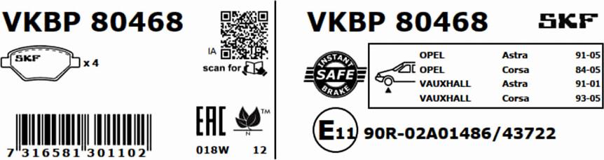 SKF VKBP 80468 - Гальмівні колодки, дискові гальма autozip.com.ua