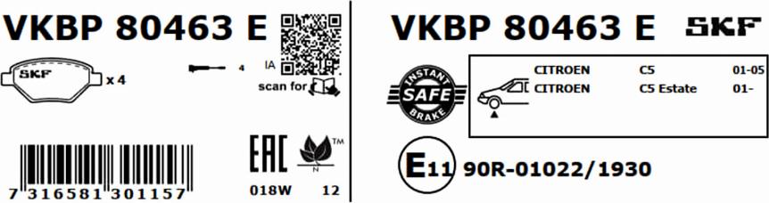 SKF VKBP 80463 E - Гальмівні колодки, дискові гальма autozip.com.ua