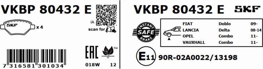 SKF VKBP 80432 E - Гальмівні колодки, дискові гальма autozip.com.ua