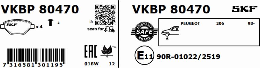 SKF VKBP 80470 - Гальмівні колодки, дискові гальма autozip.com.ua