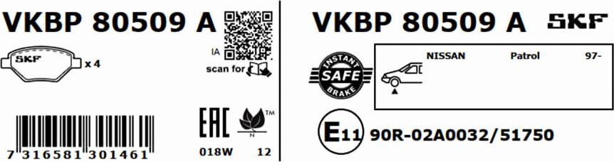 SKF VKBP 80509 A - Гальмівні колодки, дискові гальма autozip.com.ua