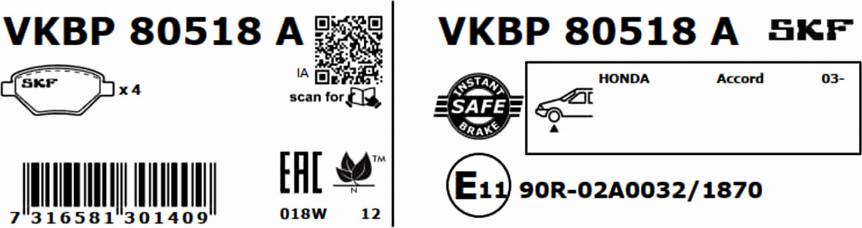 SKF VKBP 80518 A - Гальмівні колодки, дискові гальма autozip.com.ua