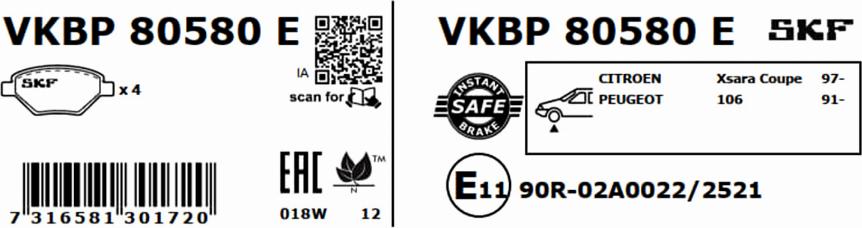 SKF VKBP 80580 E - Гальмівні колодки, дискові гальма autozip.com.ua