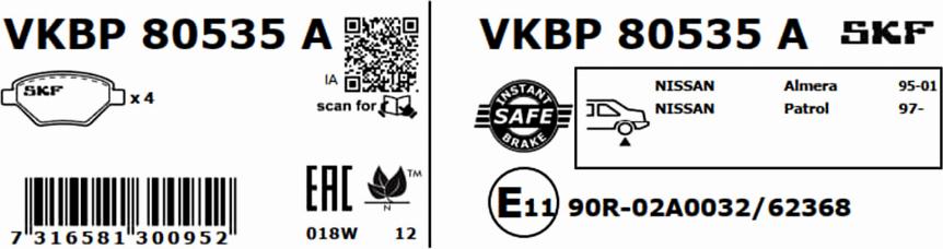 SKF VKBP 80535 A - Гальмівні колодки, дискові гальма autozip.com.ua