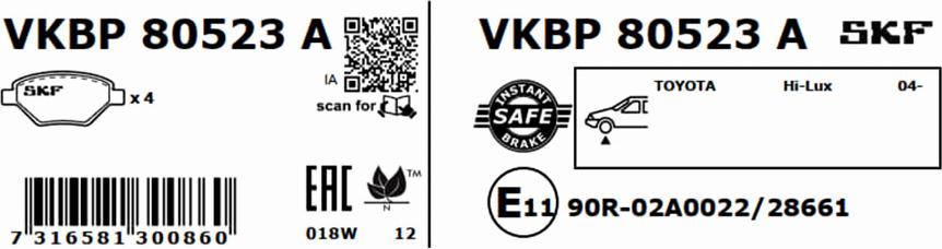 SKF VKBP 80523 A - Гальмівні колодки, дискові гальма autozip.com.ua