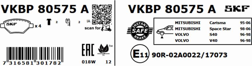 SKF VKBP 80575 A - Гальмівні колодки, дискові гальма autozip.com.ua