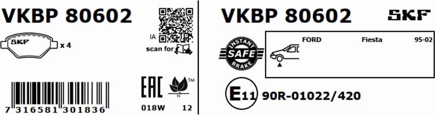 SKF VKBP 80602 - Гальмівні колодки, дискові гальма autozip.com.ua