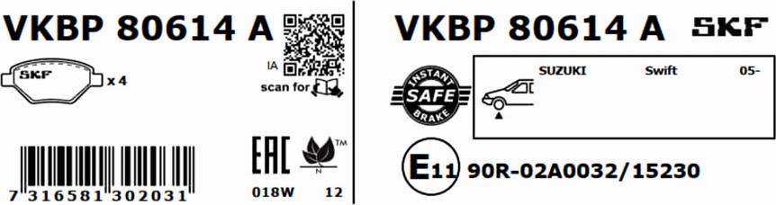 SKF VKBP 80614 A - Гальмівні колодки, дискові гальма autozip.com.ua