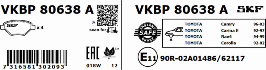 SKF VKBP 80638 A - Гальмівні колодки, дискові гальма autozip.com.ua