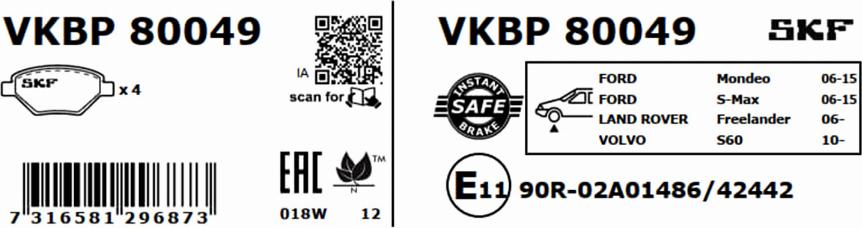 SKF VKBP 80049 - Гальмівні колодки, дискові гальма autozip.com.ua