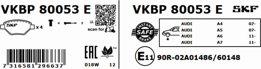 SKF VKBP 80053 E - Гальмівні колодки, дискові гальма autozip.com.ua