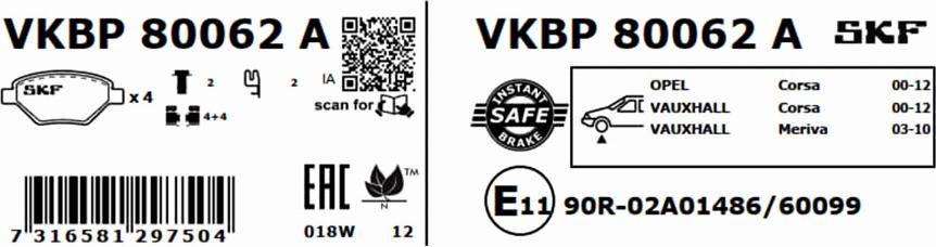 SKF VKBP 80062 A - Гальмівні колодки, дискові гальма autozip.com.ua