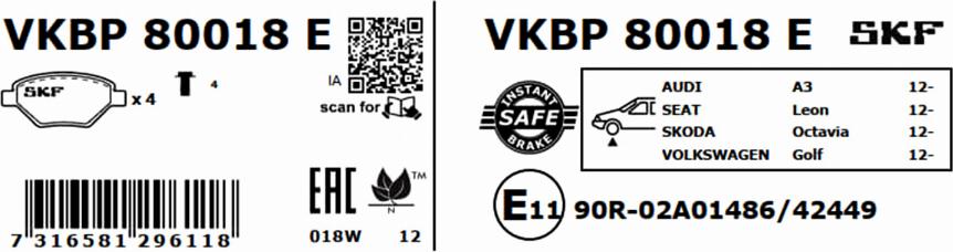 SKF VKBP 80018 E - Гальмівні колодки, дискові гальма autozip.com.ua