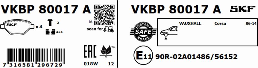 SKF VKBP 80017 A - Гальмівні колодки, дискові гальма autozip.com.ua