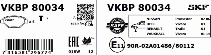 SKF VKBP 80034 - Гальмівні колодки, дискові гальма autozip.com.ua