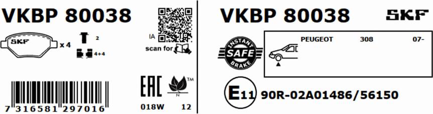 SKF VKBP 80038 - Гальмівні колодки, дискові гальма autozip.com.ua