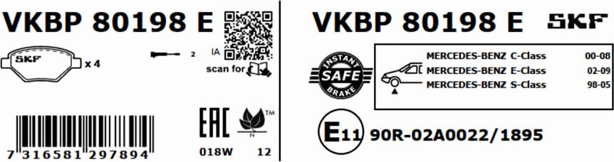 SKF VKBP 80198 E - Гальмівні колодки, дискові гальма autozip.com.ua