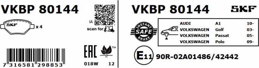 SKF VKBP 80144 - Гальмівні колодки, дискові гальма autozip.com.ua