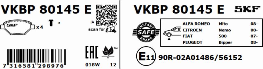 SKF VKBP 80145 E - Гальмівні колодки, дискові гальма autozip.com.ua