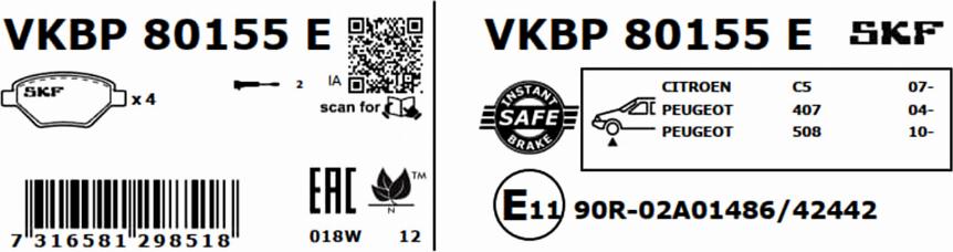 SKF VKBP 80155 E - Гальмівні колодки, дискові гальма autozip.com.ua