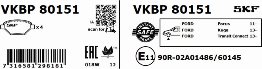 SKF VKBP 80151 - Гальмівні колодки, дискові гальма autozip.com.ua
