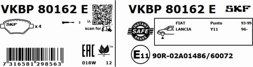 SKF VKBP 80162 E - Гальмівні колодки, дискові гальма autozip.com.ua