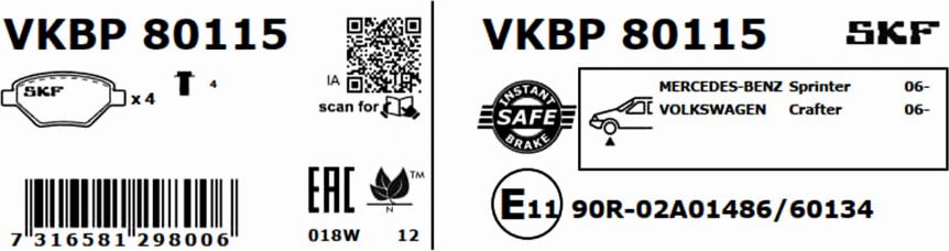 SKF VKBP 80115 - Гальмівні колодки, дискові гальма autozip.com.ua