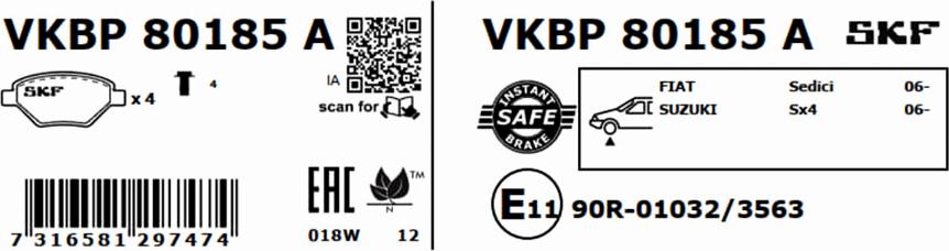 SKF VKBP 80185 A - Гальмівні колодки, дискові гальма autozip.com.ua