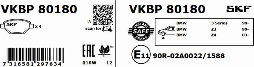 SKF VKBP 80180 - Гальмівні колодки, дискові гальма autozip.com.ua