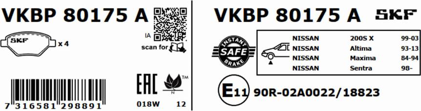 SKF VKBP 80175 A - Гальмівні колодки, дискові гальма autozip.com.ua