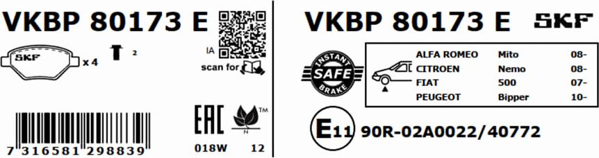 SKF VKBP 80173 E - Гальмівні колодки, дискові гальма autozip.com.ua