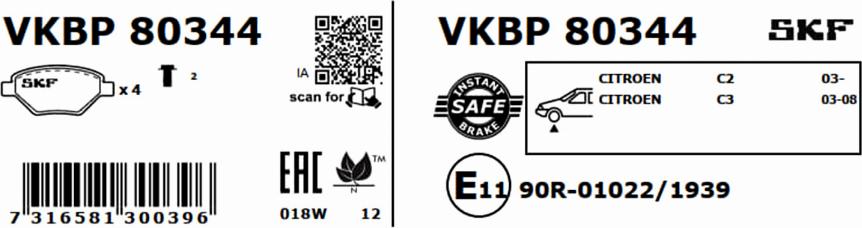 SKF VKBP 80344 - Гальмівні колодки, дискові гальма autozip.com.ua