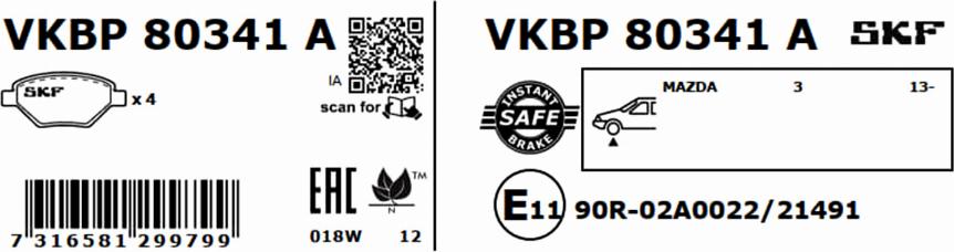 SKF VKBP 80341 A - Гальмівні колодки, дискові гальма autozip.com.ua